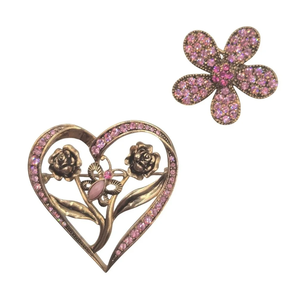 Vintage Rhinestone Brooch Set of‎ 2 Gold Tone Pink Heart Floral Butterfly Pins